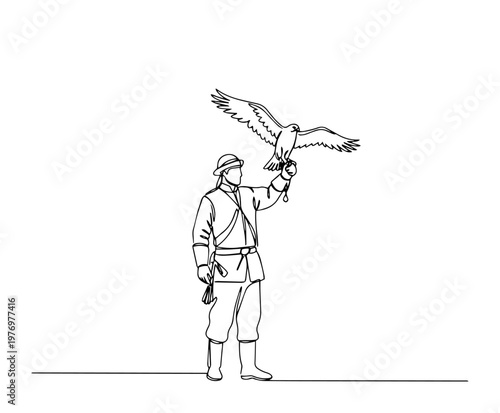 Fotografi falconer holding a hawk on his glove continuous one line vector drawing