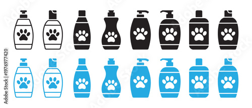 Collection of flat design pet shampoo and care product bottles with paw print icons in black and blue, vector illustration.