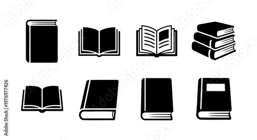 Minimalist book icons set, black library symbols, 8 education vectors