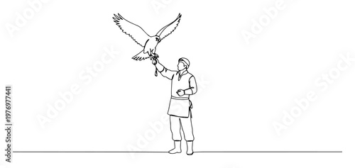 falconer with eagle on arm continuous one line drawing vector