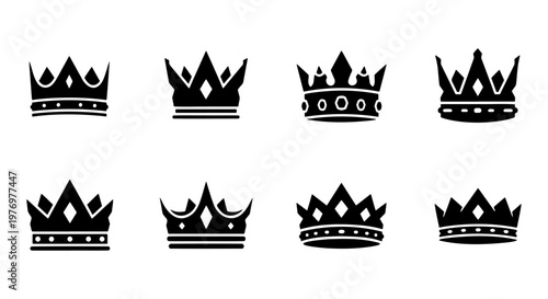 Royal crown icons set, 8 black king crowns, heraldic tiara vector shapes