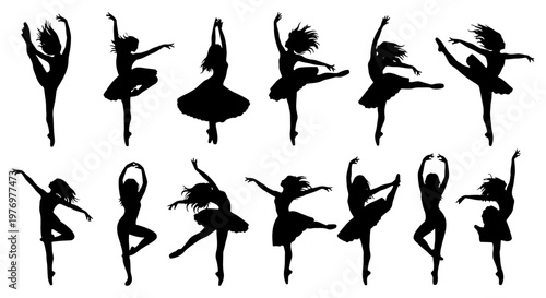 Ballerina silhouette set, 13 ballet dancer poses, graceful woman vector