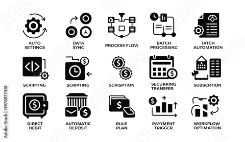 Process and workflow automation icon set, vector illustration, representing business efficiency, task automation, workflow management, data flow, system integration, productivity optimization.