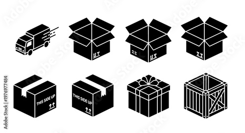 Isometric delivery box icons, shipping parcel set, 8 logistics vector signs