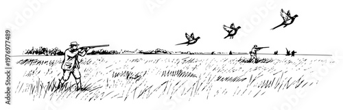 hunter shooting pheasants in field detailed sketch vector lineart