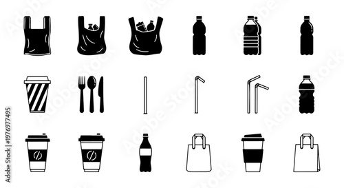 Plastic waste icons, 18 disposable product vectors, pollution symbols