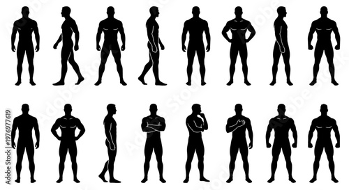 Male body silhouettes, 16 athletic man poses, muscular human vector set