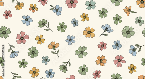 Hand drawn floral pattern with light pastel colors and organic flowing stems