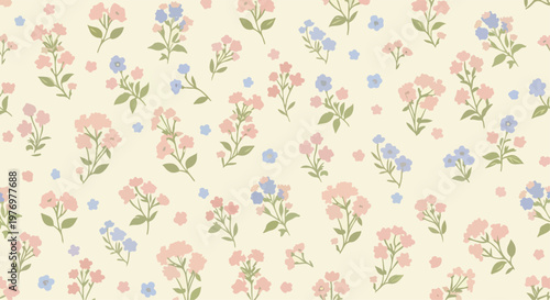 Subtle botanical pattern with scattered flowers and soft organic shapes throughout design