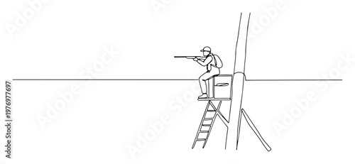 hunter with rifle on tree stand black and white drawing