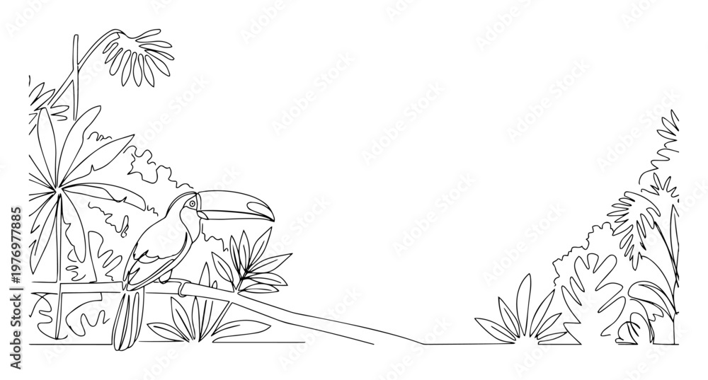 Fototapeta premium toucan bird on rainforest branch frame monoline outline vector