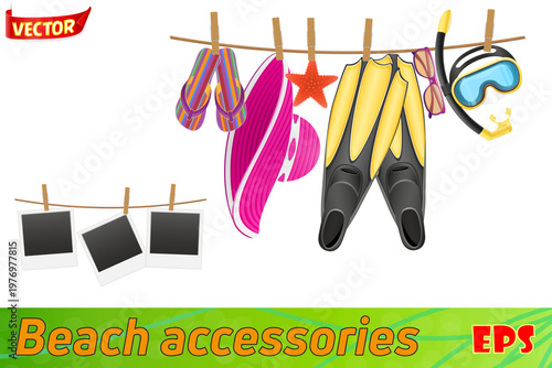 Prinbeach accessories hanging on a rope with clothespin set icons vector illustration