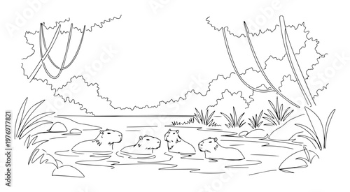 group of capybaras bathing in a jungle river sketch illustration