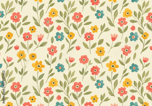 Playful retro flower pattern with bold shapes and pastel hues in repeating layout