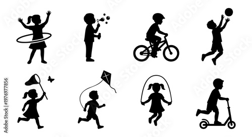 Active children silhouettes, 8 kids playing outdoor games, vector set