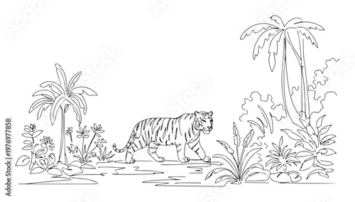 Foto tiger walking in jungle scene line art vector illustration