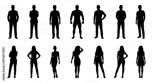 People silhouettes set, 14 man and woman figures, black human vector icons