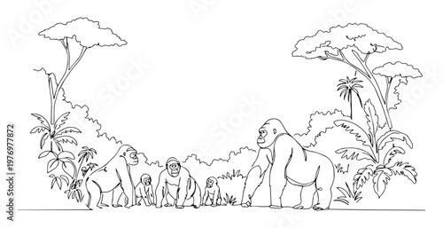 gorilla family in jungle landscape line art drawing vector illustration