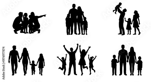 Family silhouette set, happy people group icons, black vector silhouettes