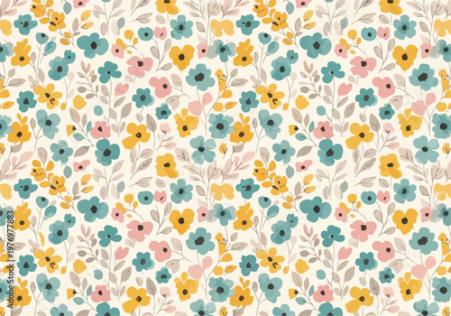 Fresh spring garden pattern with scattered flowers and soft greenery in harmonious tones