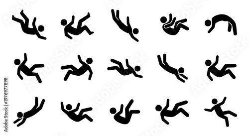 Falling person stick figure icons, 15 black vector silhouettes, accident set
