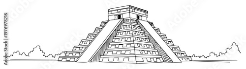 ancient mayan pyramid temple line drawing illustration