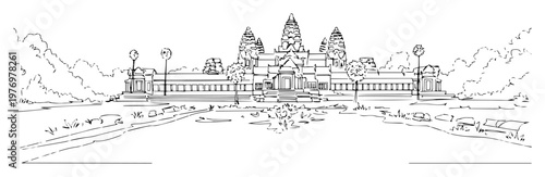 angkor wat temple cambodia landmark sketch vector lineart illustration