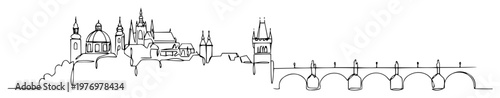 prague castle and charles bridge skyline continuous one line drawing