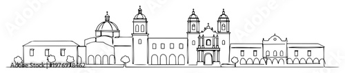 mexico city skyline with cathedral and palace drawing