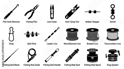 Detailed collection of fishing tackle and gear icons, including rods, lines, reels, and tools, ideal for outdoor sports and educational infographics.