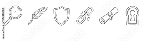 Hand drawn line icons depicting magnifying glass, quill, shield, broken link, diploma, and keyhole, ideal for conceptual visual communication.