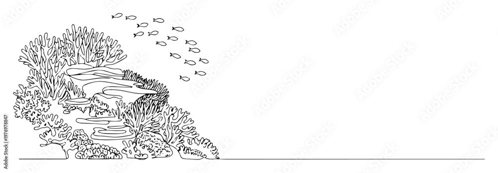 Obraz premium coral reef with underwater fish line drawing vector design