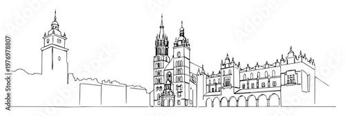 krakow main market square poland continuous one line drawing