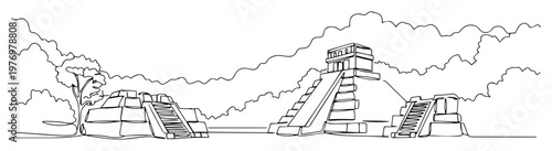 ancient mayan pyramid ruins in the jungle sketch illustration