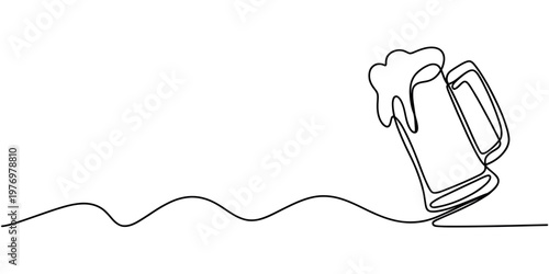Minimalist one line art depicting a frothy beer glass, ideal for drink menus, party invitations, or celebration visuals.
