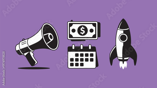 A graphic illustration of business and marketing icons on a purple background