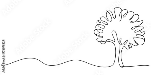 Minimalist continuous line drawing depicting a stylized tree on a wavy ground. Ideal for ecofriendly branding, educational content, or conveying natural growth and environmental themes.