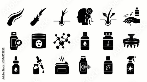 Collection of hair care icons depicting healthy, damaged hair, growth, loss, and products like shampoo, mask, oil, and supplements, ideal for beauty and health topics.