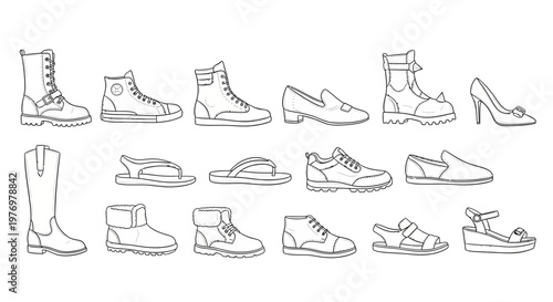 Collection of diverse footwear styles in outline form. Ideal resource for fashion designers, apparel templates, or product development inspiration and reference.