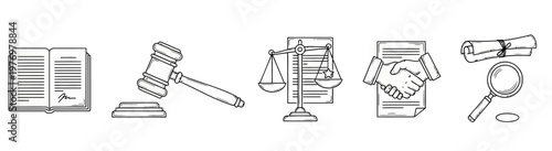 Collection of hand drawn legal symbols representing law, justice, and agreements. Features a book, gavel, scales, handshake, and magnifying glass, ideal for legal themes.