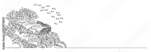 coral reef with underwater fish line drawing vector design