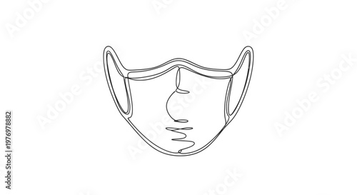 Continuous line drawing of a protective face mask featuring minimalist facial details. This simple graphic promotes health safety and serves as a clean, symbolic asset.
