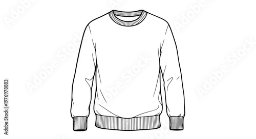 Detailed black and white technical sketch of a crewneck sweatshirt, perfect for fashion design, product development, and clothing manufacturing.