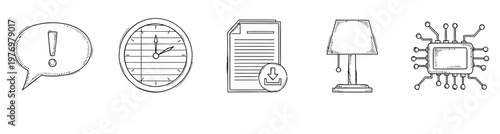 Five handdrawn icons representing communication, time management, data download, illumination, and computing power, suitable for business, tech, and everyday applications.