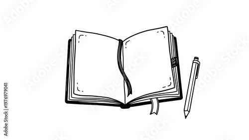 Hand drawn open notebook with blank pages and a pen, perfect for academic, professional, and creative writing projects and stationerythemed designs.