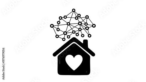 Simple graphic depicting a house with a heart inside, topped by an intricate network, symbolizing smart home connectivity, community support, or the integration of technology and wellbeing.