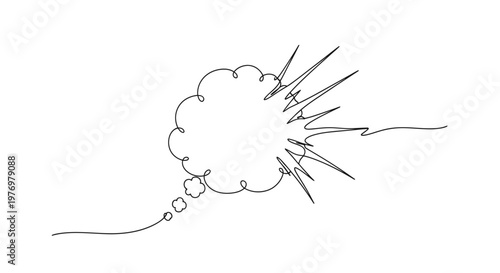 Continuous line drawing of an evolving thought bubble becoming an explosive speech balloon, perfect for conveying ideas, dialogue, and sudden impact in visual communication projects.