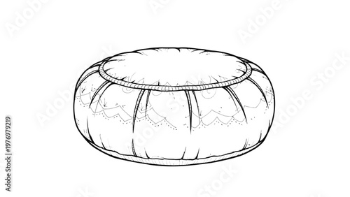 Detailed line drawing of a comfortable upholstered pouf with pleats and decorative stitching. Perfect for home decor and furniture concepts.