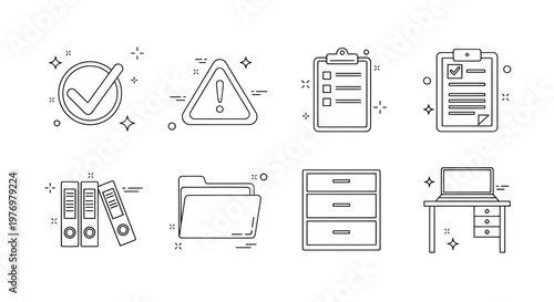 Set of business and office related line icons including checkmark warning sign clipboards binders folder and desk with laptop perfect for professional applications.