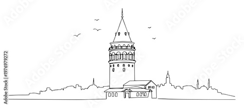 Photography galata tower istanbul skyline monochrome contour vector illustration